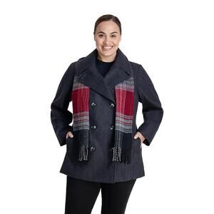 NEW London Fog Women's 2X Gray Wool Blend Pea Coat Women's 1X With Scarf